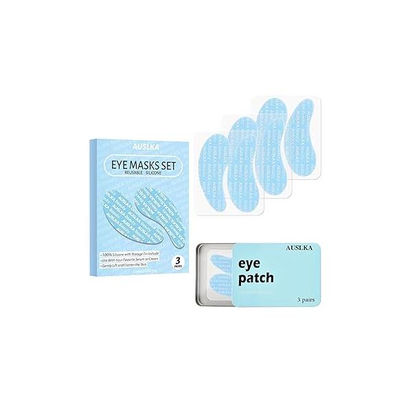 AUSLKA Reusable Under Eye Patches-3 Pairs, Silicone Masks, Wrinkle Patches, Eye&Face Mask for Fine Lines & Dark Circles, Storage Tin Included