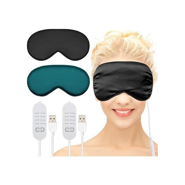 2 Pieces Silk Heated Eye Mask for Dry Eyes USB Steam Warm Compress Puffy Adjustable Temp Sleep Eye, Chalazion, Blepharitis, Stye (Black, Grey)