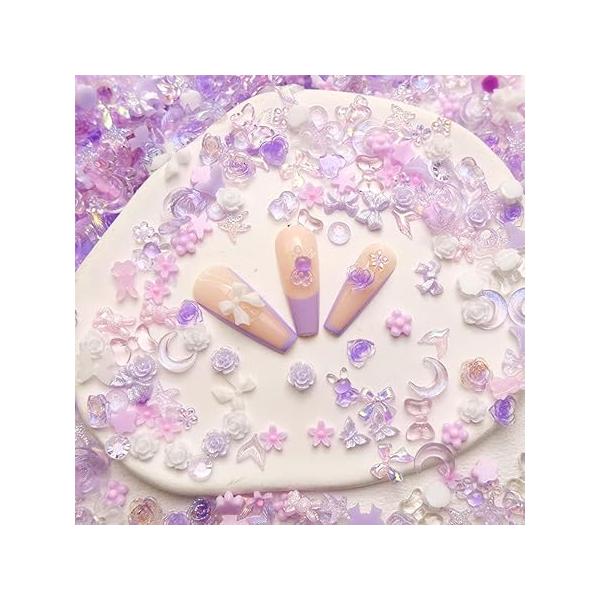 100Pcs Star Nail Charms Purple Art Moon Cloud Design Cute Rhinestone 3D Resin Nails for Women Acrylic Manicure Supplies Decoration Accessories
