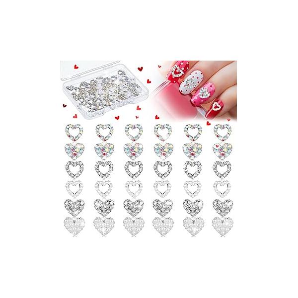 36 Pcs Heart Nail Charms for Art, 3D Rhinestone Decals Silver Crystal Diamond Alloy Gems Decorations Women Valentine's Decoration