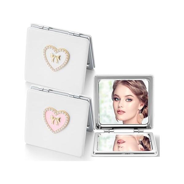 Chunful 2 Pcs Coquette Bow Compact Folding Mirror Small Pocket Cute Makeup with 1x/2x Magnifying PU Leather Mini Travel Portable Cosmetic Gift for Women