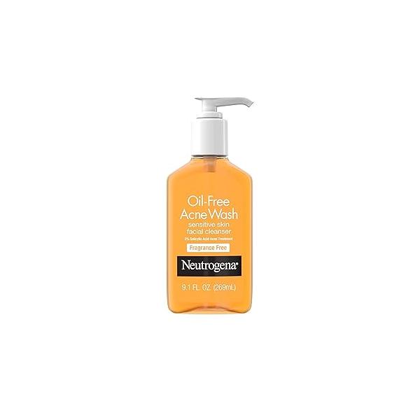 Neutrogena Oil-Free Acne Face Wash, Sensitive Skin Facial Cleanser with 2% Salicylic Acid Treatment, Daily Fragrance Free Wash for Prone Skin, 9.1 fl oz