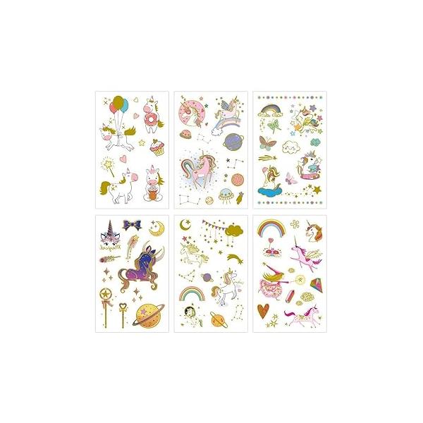 6 Sheets Gold Unicorn Tattoos for Girls, Children Birthday Party Favor Gilded Temporary Tattoo Sticker, Metallic Magic Fantasy Stars Moon Space Fake Waterproof tattoo on Body Hand Arm Face