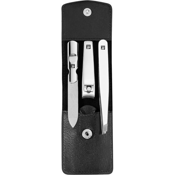 ZWILLING Beauty Classic INOX 4-pc Manicure and Tweezer Set with Black Leather Case, Nail Care Made of Genuine Push Button
