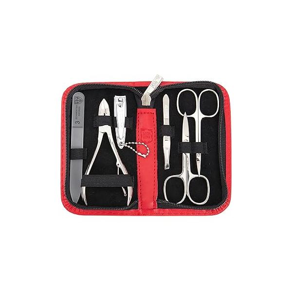 3 Swords Germany - brand quality 6 piece manicure pedicure grooming kit set for professional finger & toe nail care scissors clipper genuine leather case in gift box, Made Solingen (02266)