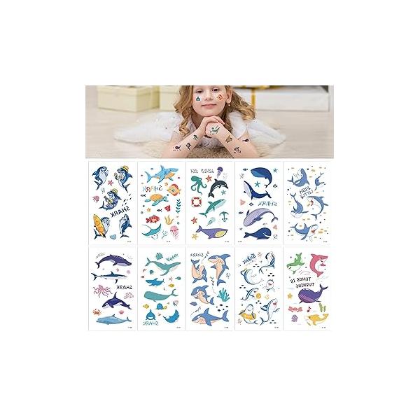 Baby Shark Temporary Stickers Tattoos Face Body Sea Animal Fish Under The Ocean for Boys Girls Birthday Party Decorations 10 sheets