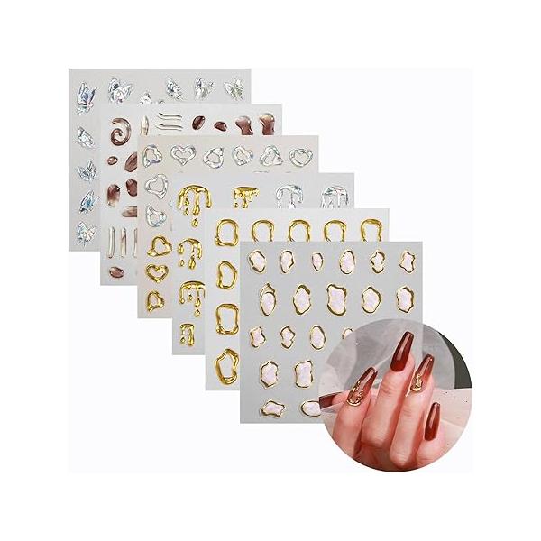 6PCS 5D Gold Nail Art Stickers, Soft Glue Embossed Self-Adhesive Sticker, Sliver Hollow Decals for Art, Irregular Geometric Frames Design Supplies DIY Decoration Women Girls