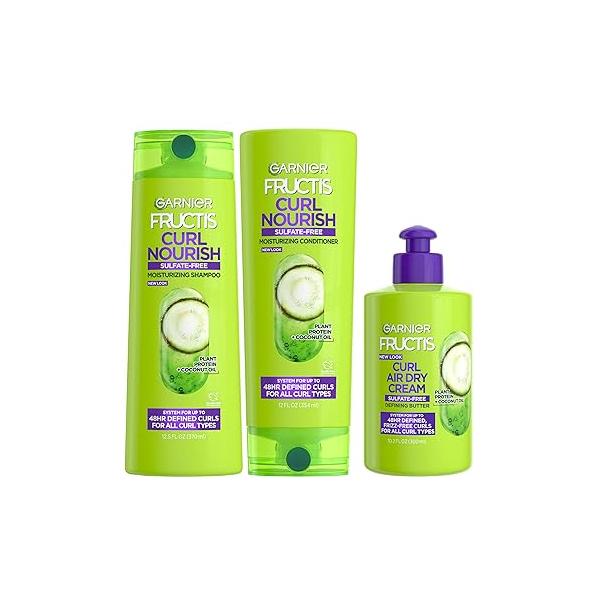Garnier Fructis Curl Nourish Sulfate Free Moisturizing Shampoo, Conditioner + Air Dry Cream Defining Butter Set (3 Items), 1 Kit (Packaging May Vary)