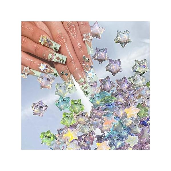 100Pcs Star Nail Charms Purple Art Moon Cloud Design Cute Rhinestone 3D Resin Nails for Women Acrylic Manicure Supplies Decoration Accessories