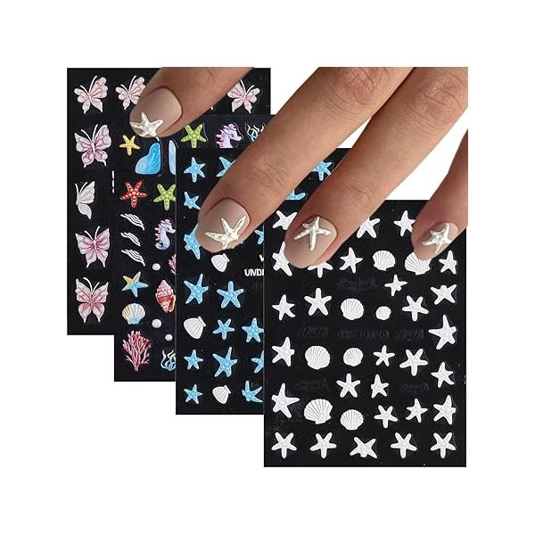 5D Embossed White Flowers Nail Stickers, 5 Sheets Self-Adhesive Floral Decals, Spring Rose Butterfly Art, 3D Acrylic for Manicure Decor