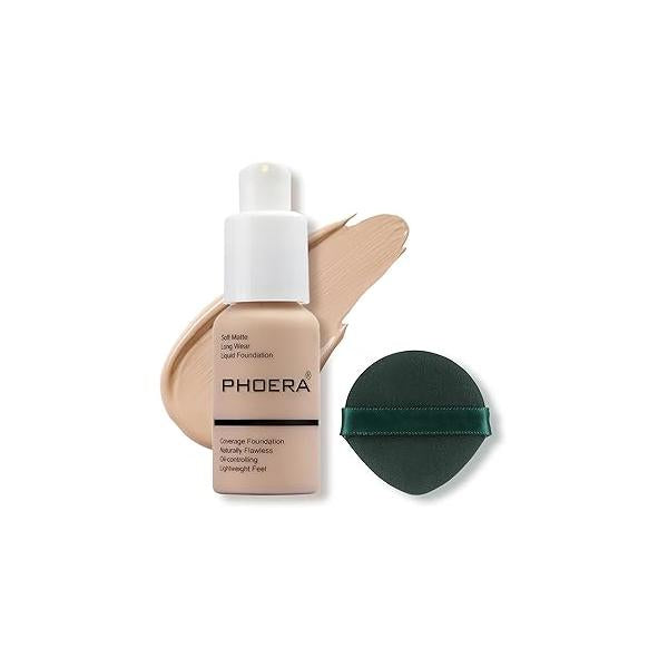 PHOERA Foundation Makeup, Flawless Soft Matte Oil Control Liquid Foundation, Full Coverage Mattle Oil-Control Concealer for Older Women, Great Choice For Gift (#102 Nude)