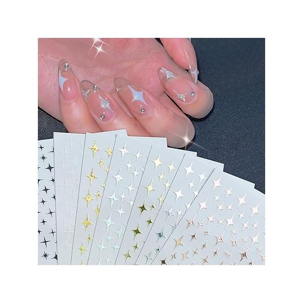 7 Sheets Stars Nail Art Stickers Decals 3D Self-Adhesive Decoration Holographic Laser Design Accessories Supplies Women and Girls DIY Acrylic