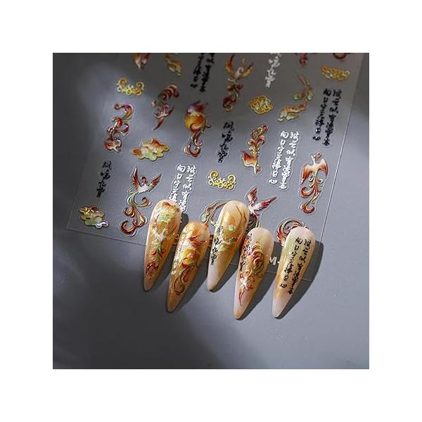 5D Embossed Phoenix Nail Stickers, Gold & Red, Oriental 3D Bohemian Style, Waterproof, Floral Theme, Lightweight, Art Stickers Decals, Decals