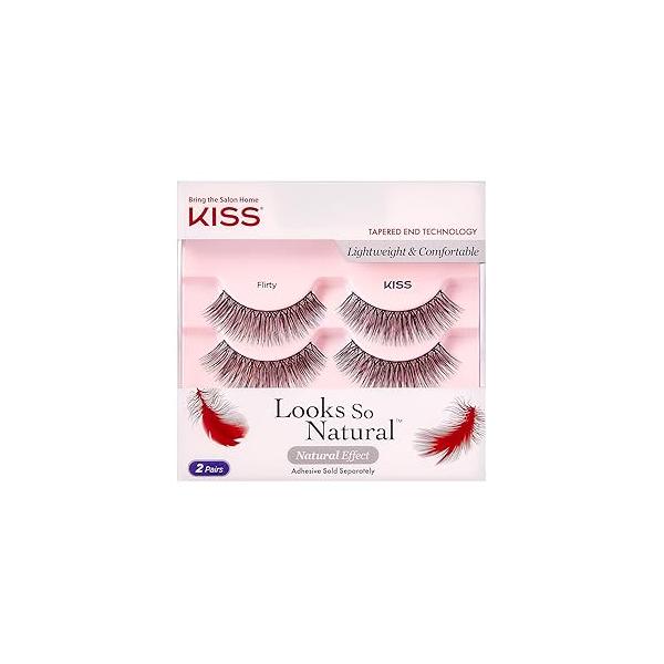 KISS Looks So Natural False Eyelashes Double Pack, Lightweight & Comfortable, Tapered End Technology, Reusable, Cruelty-Free, Contact Lens Friendly, Style 'Flirty', 2 Pairs Fake