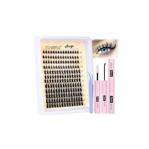 JIMIRE Natural Lash Clusters Kit Extension with Bond and Seal 180Pcs Anime Eyelash D Curl Wispy Manga 8-16MM Cluster Extensions Individual Lashes Pack