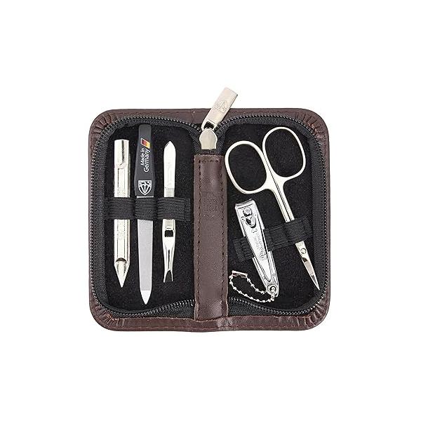 3 Swords Germany - brand quality 5 piece manicure pedicure grooming kit set for professional finger & toe nail care scissors clipper genuine leather brown case in gift box, Made