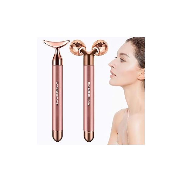 2-IN-1 Electric Face Massager Roller 24k Rose Gold Roller, 3D and Unique Crescent Shape Facial Kit Arm Eye Nose Skin Care Tools