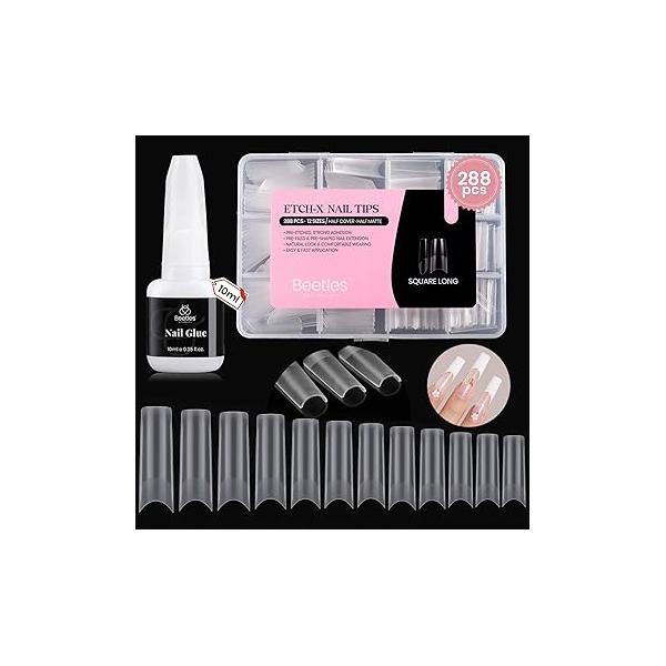 Beetles 288PCS No C Curve Nail Tips with 10ml Glue: Long Square Half Cover Clear Pre-Etched False Tips, 12 Sizes Extensions for Acrylic Nails, Professional DIY Manicure Kit