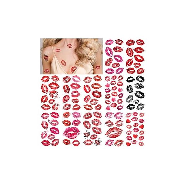 12 Sheets Red Kiss Temporary Tattoo Stickers, Lip Heart Print Face Tattoos, Waterproof Black Mark for Valentine's Day Costume Accessories Birthday Party Decoration