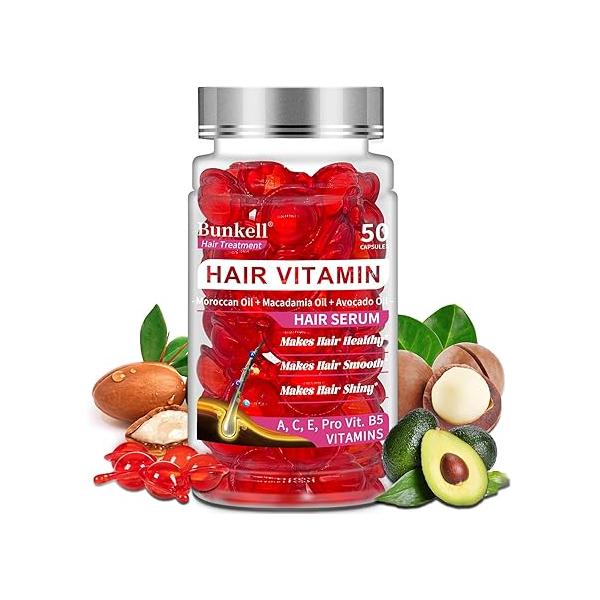4 in 1 Hair Vitamins A C E Pro B5, Serum Enriched with Argan Avocado & Moroccan Oil for Frizzy and Damaged Hair, Treatment Women Men, No Rinse All 50 Capsules