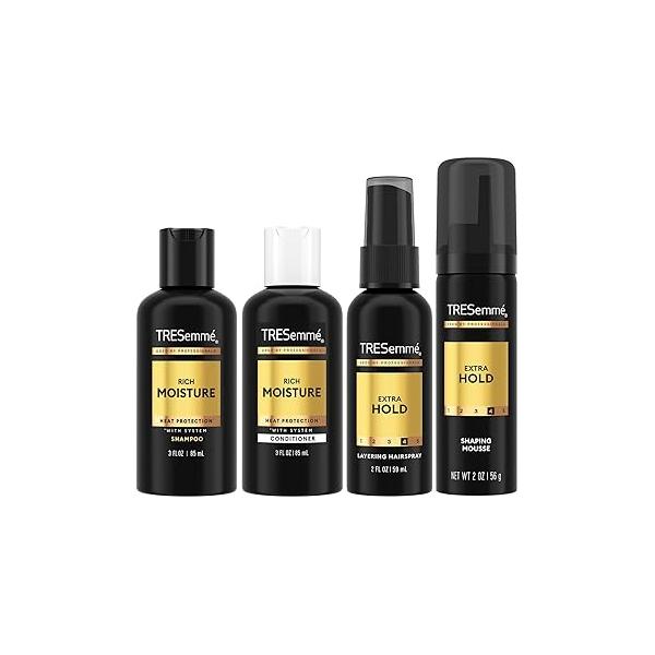 TRESemmé Travel Shampoo, Conditioner, Hairspray & Hair Mousse - Rich Moisture Products + Non-Aerosol Spray Alcohol-Free Mousse, 24H Frizz Control (4 Piece Set)