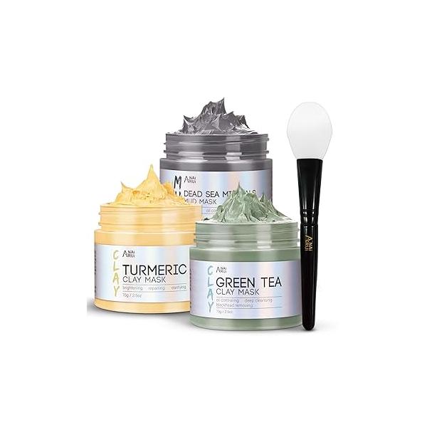 ANAI RUI Turmeric Clay Mask - Green Tea Dead Sea Minerals Mud Mask, Spa Facial Set, Face Gift Set 2.5 oz each