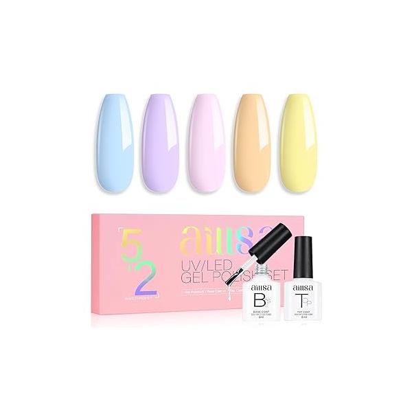 AILLSA Nude Pink Gel Nail Polish Set - White, Red, Milky Neutral Translucent with Base and Top Coat 5+2 Kit Bright Wedding Color Jelly Soak Off U V Manicure Salon DIY at Home