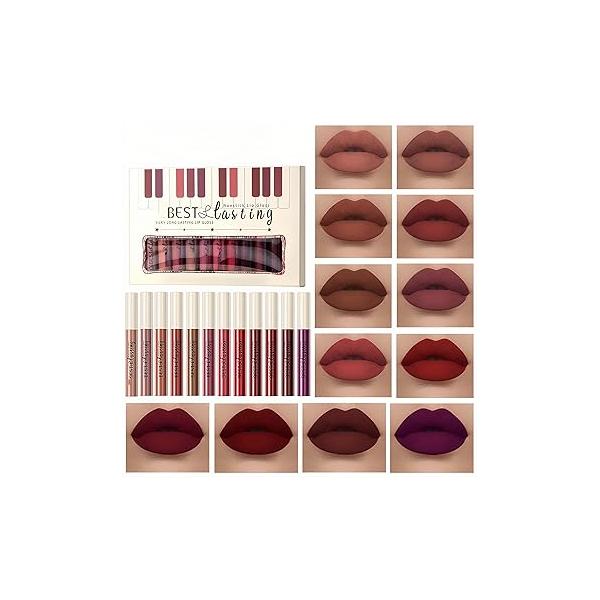 12PCS Matte Liquid Lipstick Set Non-Stick Cup and Not Fade Pigmented Long-Lasting Waterproof Velvet Lipgloss Kit Makeup for Girls Women (Set 01)
