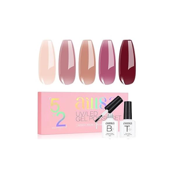 AILLSA Nude Pink Gel Nail Polish Set - White, Red, Milky Neutral Translucent with Base and Top Coat 5+2 Kit Bright Wedding Color Jelly Soak Off U V Manicure Salon DIY at Home