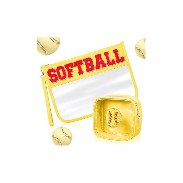 Hillban 2 Pcs Softball Team Gifts Makeup Cosmetic Bags Snack Goodie Clear Toiletry Zipper Pouch Chenille Letter Travel Purse Accessories for women Stuff Sport Party Storage case
