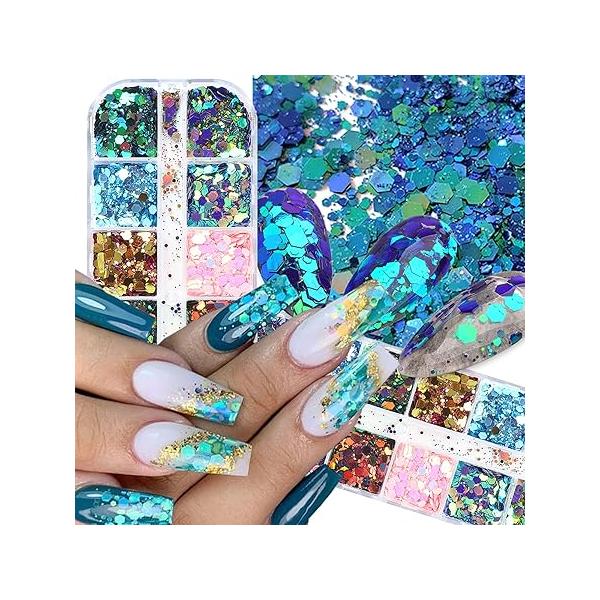 Holographic Nail Glitter Foils, 12 Colors Sparkly Ultra-Thin Aluminum Foil Art Flakes Design, Laser Sequins Acrylic Supplies for Women Girls Manicure Charms Decorations, DIY 3D Tips