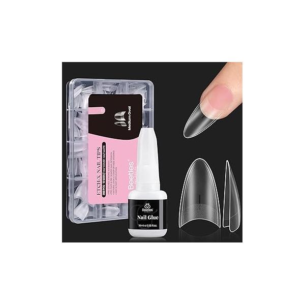 Beetles 288PCS No C Curve Nail Tips with 10ml Glue: Long Square Half Cover Clear Pre-Etched False Tips, 12 Sizes Extensions for Acrylic Nails, Professional DIY Manicure Kit