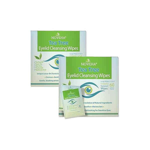 NOVEHA 60PCs Tea Tree Oil Eyelid & Lash Wipes | With Hyaluronic Acid, Green Chamomile For Blepharitis, Itchy Stye Eyes, Individually Wrapped, Natural Eyelash Makeup Remover Daily Cleanser