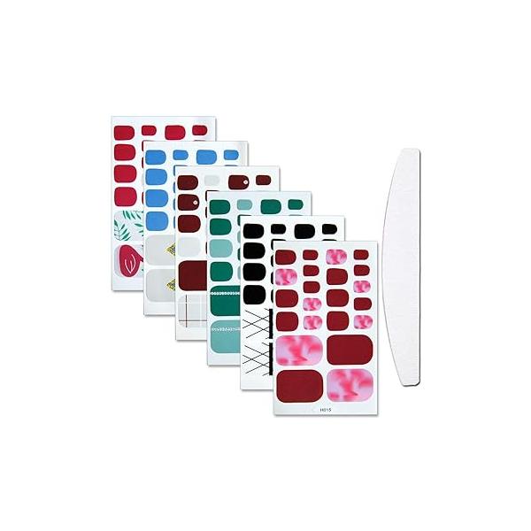 WOKOTO 6 Pieces Full Wraps Toenail Polish Stickers With 1Pcs Nail File Adhesive Decals Strips Glitter Gradient Pure Color Manicure Set For Girls
