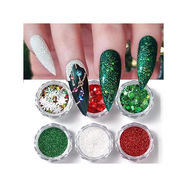 6 Box Xmas Red Green Nail Art Glitter Christmas Sequins Flakes With Snowflake Star Design Manicure Fine Powder Winter Stickers Decals Supplies Charms for Women Girls
