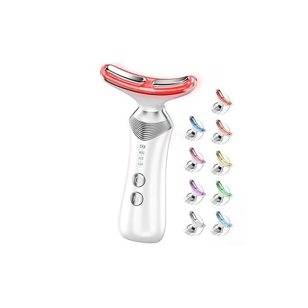 9-in-1 Red-Light-Therapy-for-Face-and-Neck, Portable Facial Massager Tool with Adjustable Vibration & Thermals for Wrinkles, Double Chin, White
