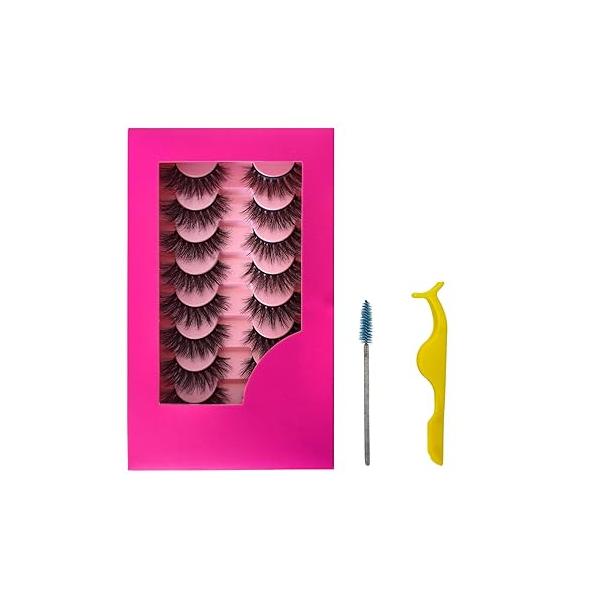 8Pair 3D5D 0.67INCH Volume Cat Eye Lashes Extension Thick False Eyelashes Cross Fluffy Natural Look Faux Mink with Dark Pink Box
