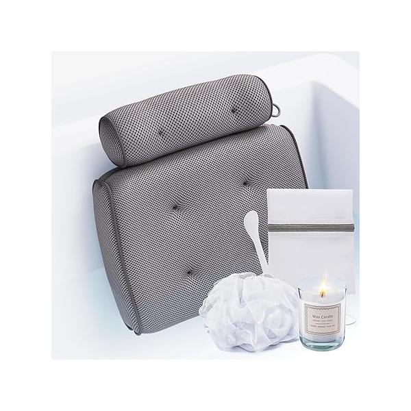 SunSerenity Luxury Bath Pillow for Tub - Relaxing Accessory - Head and Back, Unscented Candle, Sponge Loofah, Laundry Bag, & Suction Tool Grey on