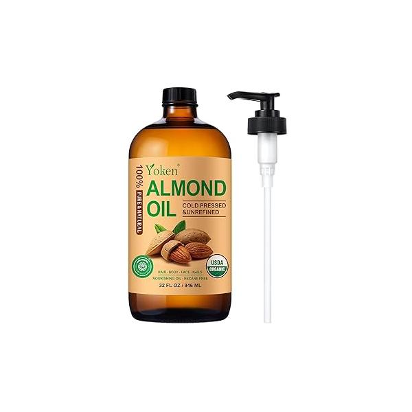 Almond Oil 32 fl oz 100% Pure Cold Pressed Glass Bottle Oils for Skin, Hair, almond Hair Moisturier, Smooth and Soft Carrier DIY, Massage
