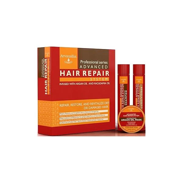 Advanced Hair Repair Shampoo, Conditioner and Deep Mask System Set for Dry or Damaged with Argan Macadamia Oil by Arvazallia - Sulfate Free