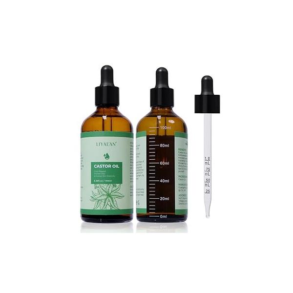 LIYALAN Pure Castor Oil Cold Pressed Unrefined Hair For Thicken Nourish and Scalp,Glass Bottle,For Face Body Massage,Carrier,Skin Care,3.38 fl oz
