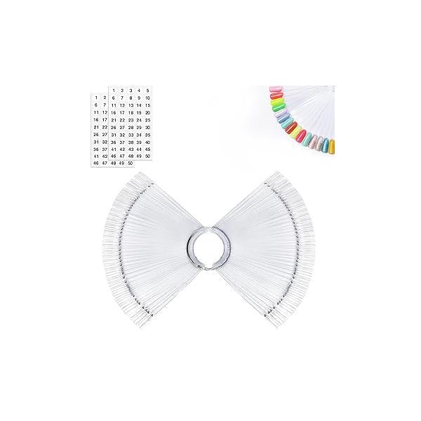 MEFA 100 Pcs Clear Nail Swatch Sticks with Ring and Numbered Tips, False Sample for Art Polish Color Practice Fan-shaped Display