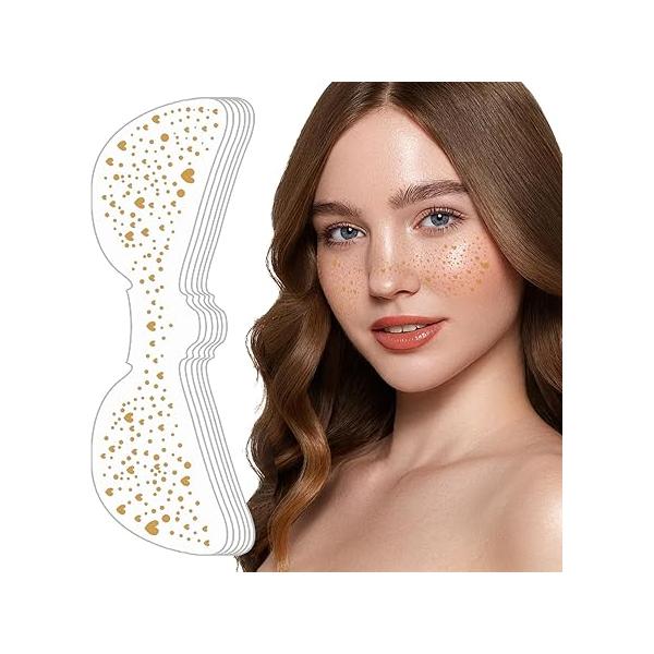 Face Makeup Patche, Freckle Stickers, Glitter Freckles Tattoo, Easy to Stick, Waterproof Long Lasting Party Stickers for Women - 6 Set (Gold)