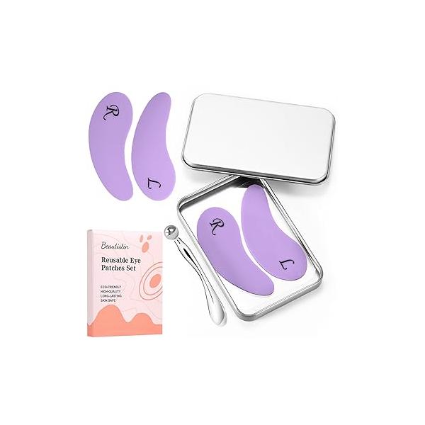 2 Pairs Reusable Under Eye Wrinkle Patches Silicone Mask, Plump Fine Lines & Wrinkles, with Metal Cream Applicator, Tin Case, Purple