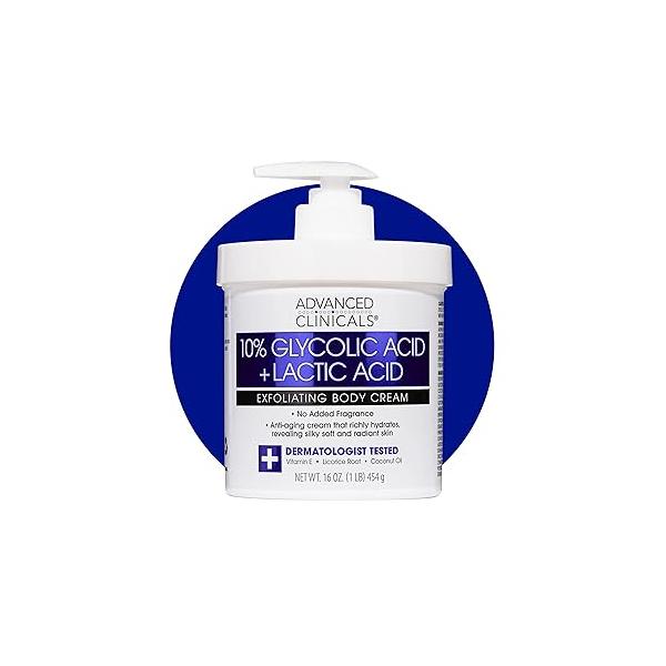 Advanced Clinicals 10% Glycolic Acid + Lactic Lotion Exfoliant Moisturizing Cream With Hyaluronic Moisturizer | AHA Exfoliating Body Improves Look Of Uneven Rough Skin Texture, 16 Oz