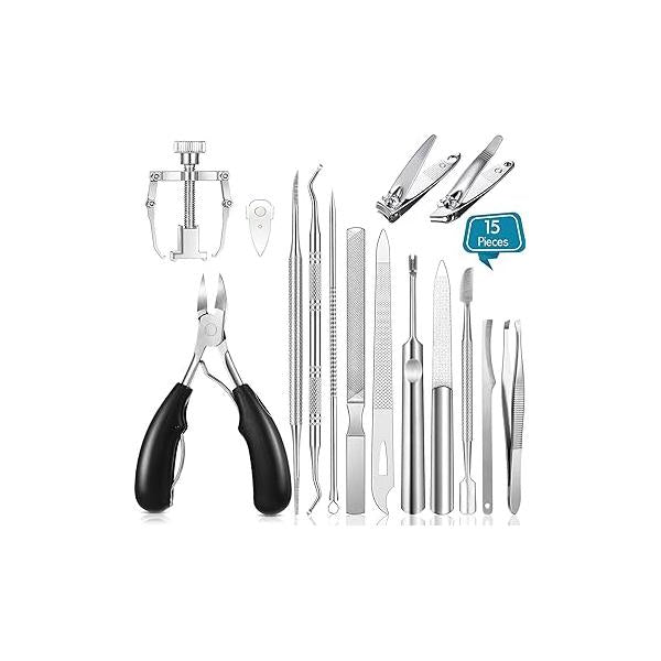 15 Pieces Ingrown Toenail Tools Stainless Steel Foot Nail Tools, File and Lifter, Clipper, Cuticle Cutters, Pusher Manicure Pedicure for Thick (Black)