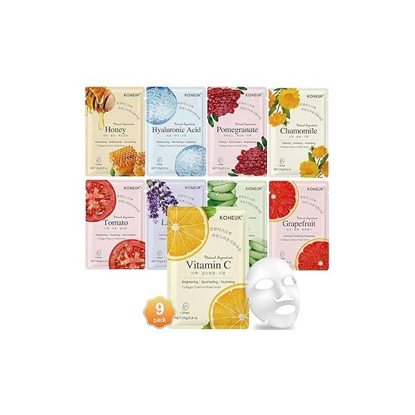 9 Pack Collagen Face Masks Skincare for Women, Hydrating Sheet Suitable All Skin Types, Bulk Facial Women Care, Mask Gifts Set Spa Party