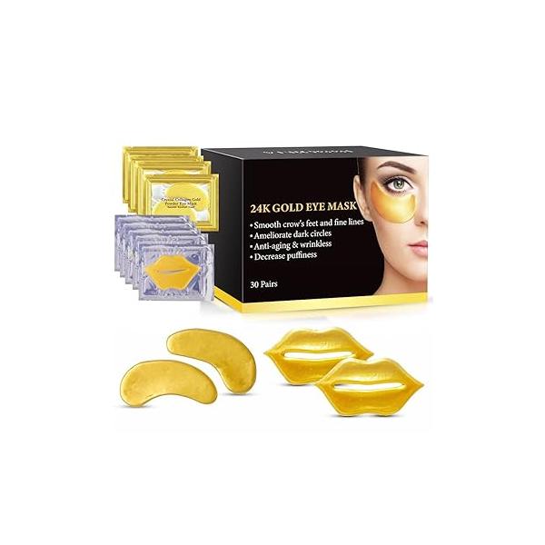 VERONNI Eye Lip Mask Set -20pcs Under Patches,10pcs Gold -24K Crystal Pads Treatment for Dry Lip,Dark Circles Eyes Moisturizing, Hydrating(Gold Set)