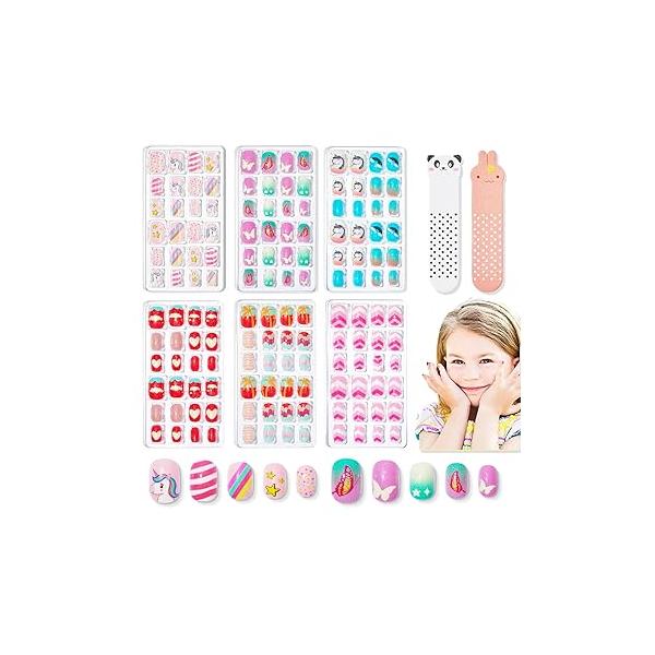 Modelones Press on Nails for Kids 144Pcs 6 Pack Children Acrylic Fake Pre-glue Full Cover Glitter Gradient Color Mermaid Beach Short False Nail Art Kits Sets Easter Gifts Girls