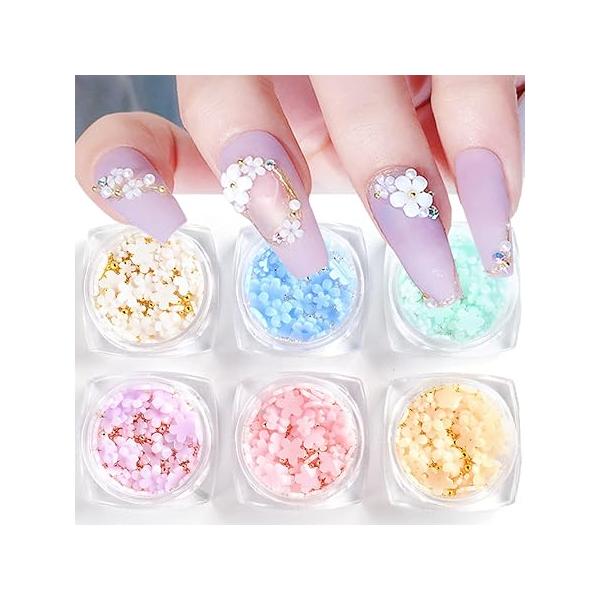 3D Flower Nail Charms, 6Boxes Rhinestone for Acrylic Nails Cherry Blossom Spring Art Supplies with Pearls Manicure DIY Decorations Women Girls
